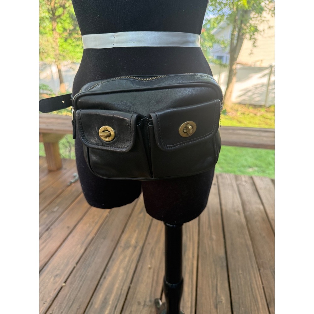 Rare Vintage Coach Black Leather Belt Bag Waist Pack Turnlock Brass Hardware